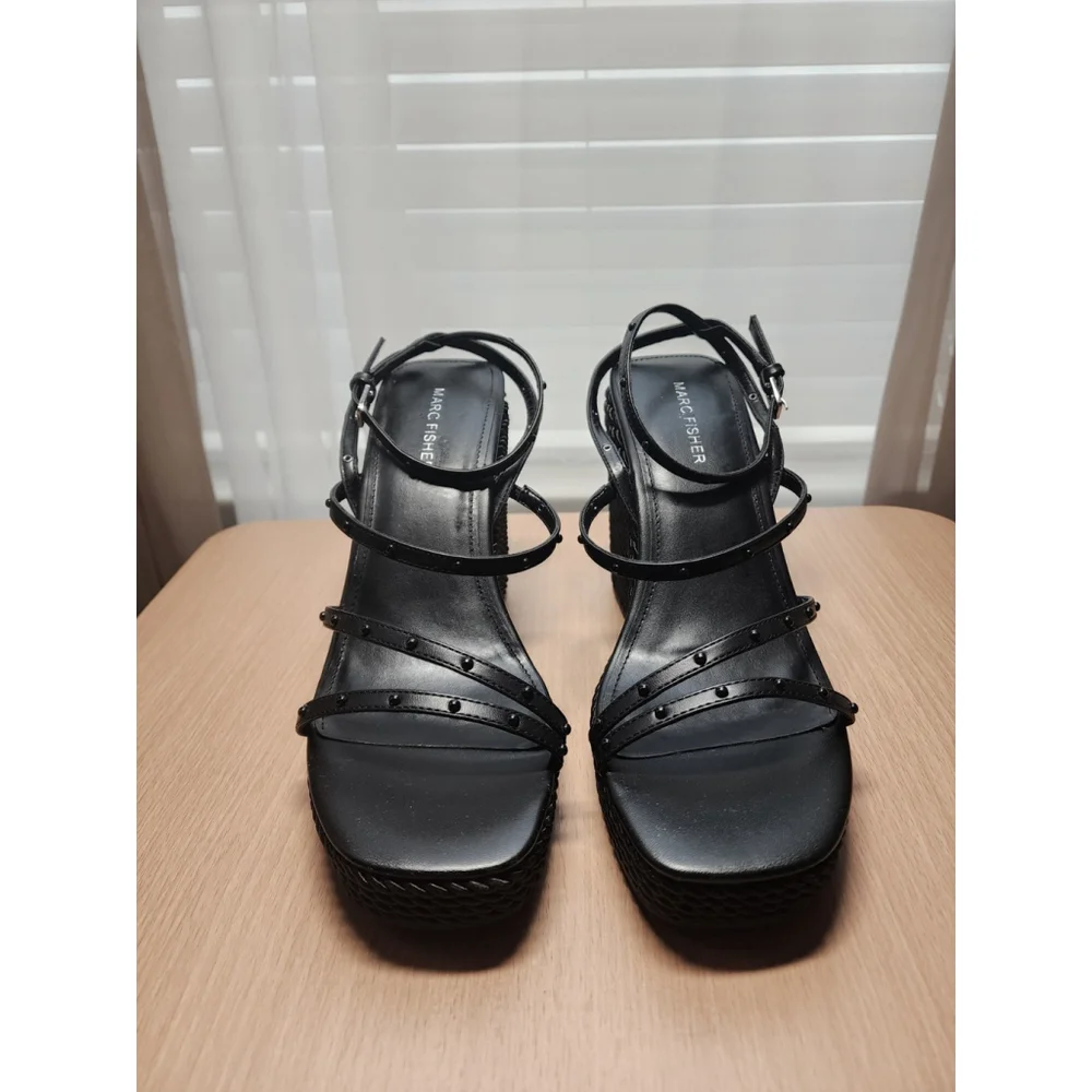 Marc Fisher Faux Leather Studded Espadrille Wrapped Rope Platform 9.5 M BLACK